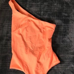 One Shoulder Orange Thong Bodysuit